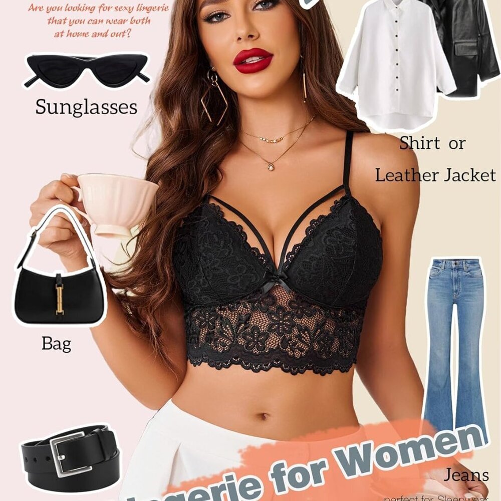 Lace Bralette for Women Lingerie Spaghetti Adjustable Strap Tank Camisole Crop T - Picture 5 of 6
